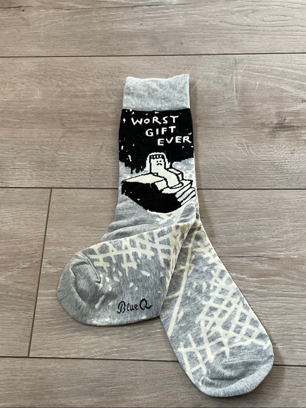 Brand new no tag Blue Q Grey and Black 'Worst Gift Ever' Novelty Crew Socks